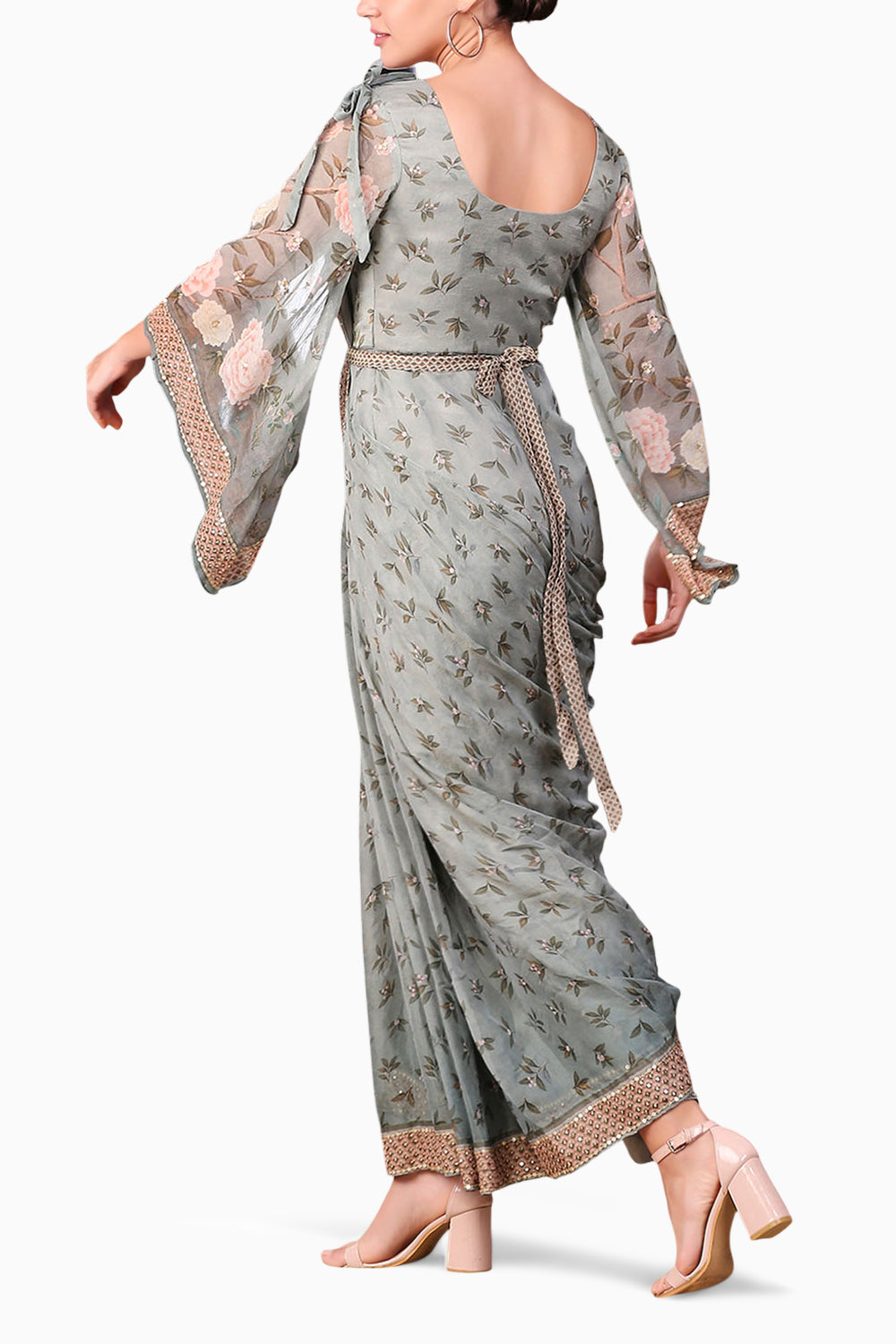 Vintage Trails Printed Pre-Stitched Saree Dress With Metal Belt