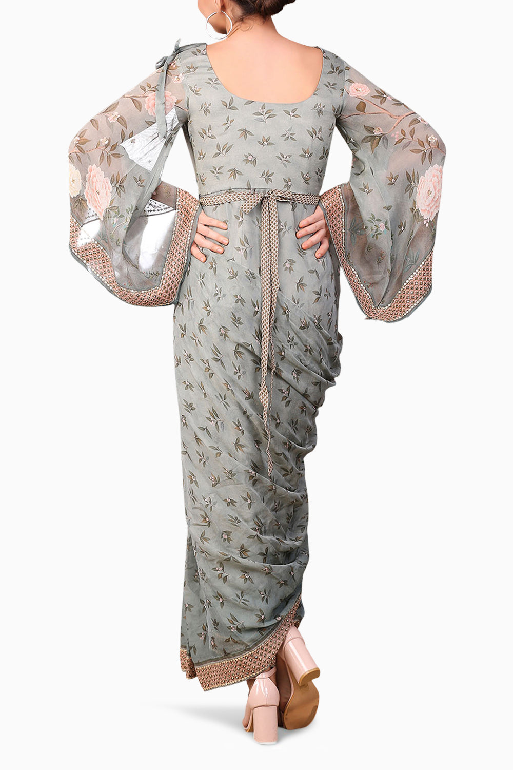 Vintage Trails Printed Pre-Stitched Saree Dress With Metal Belt