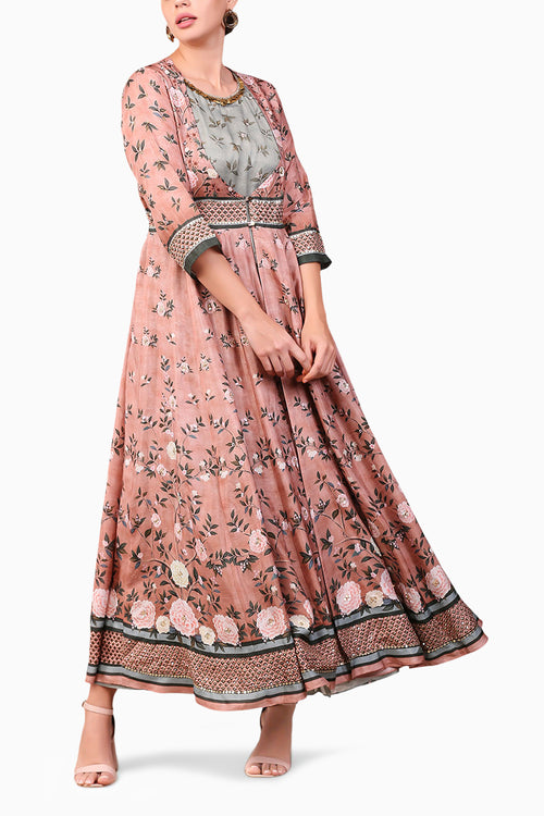 Vintage Trails Printed Two Layered Anarkali Dress
