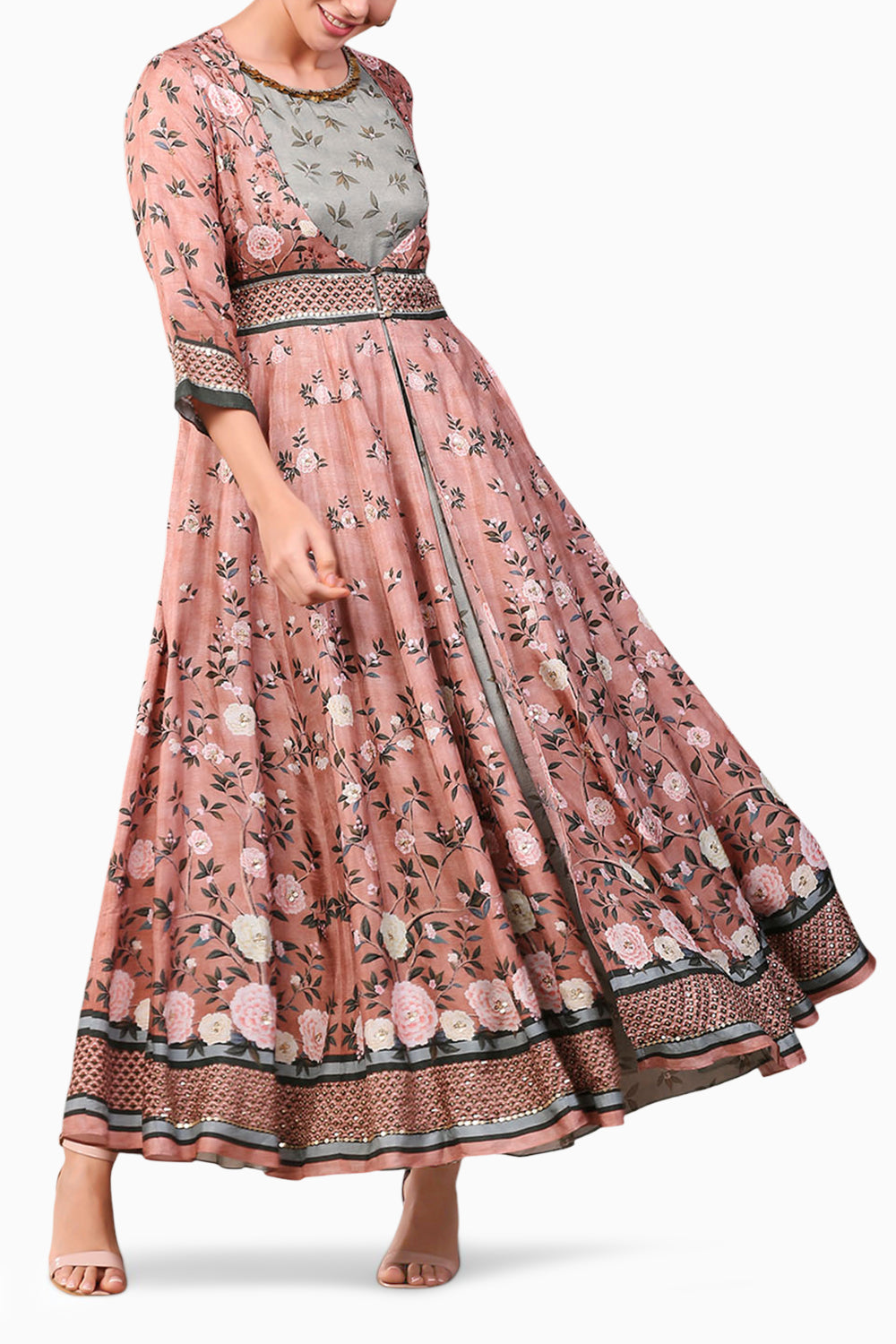 Vintage Trails Printed Two Layered Anarkali Dress