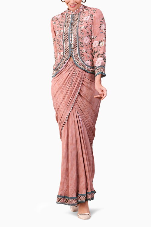 Vintage Trails Printed Drape Skirt With Embroidered Jacket