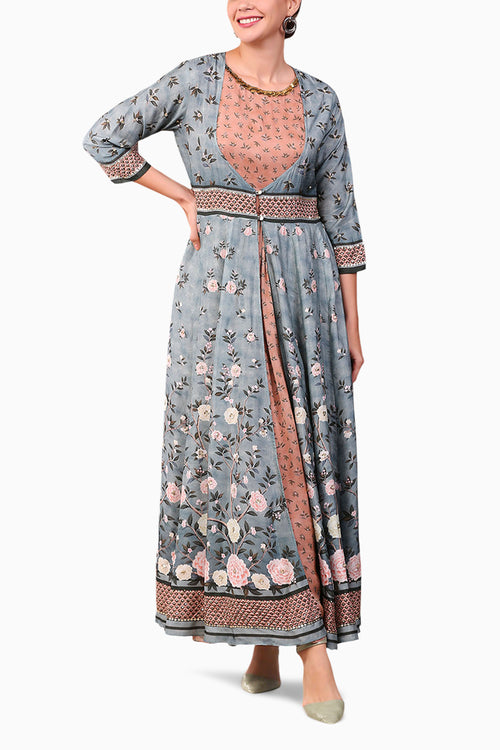 Vintage Trails Printed Two Layered Green Anarkali Dress