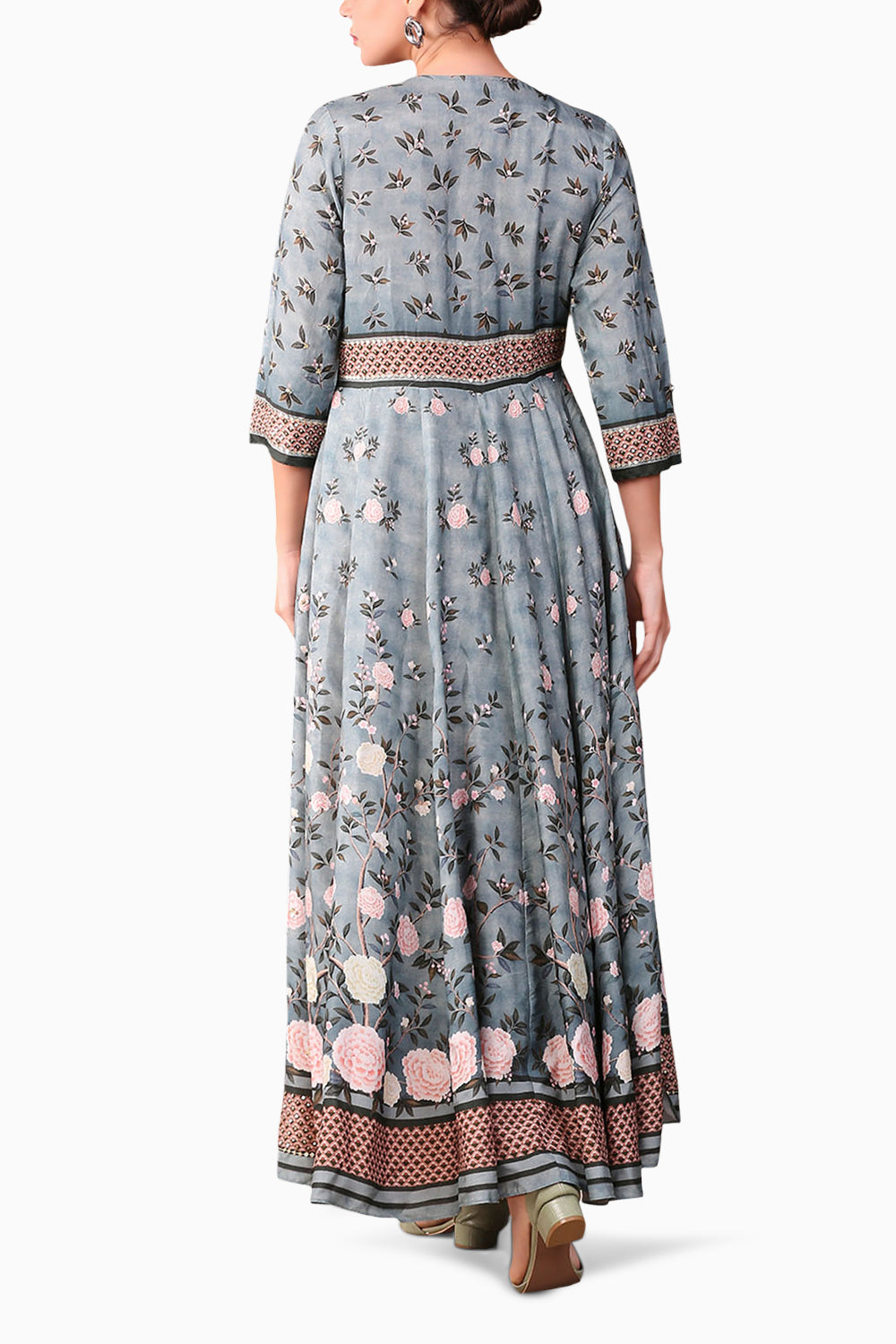 Vintage Trails Printed Two Layered Green Anarkali Dress