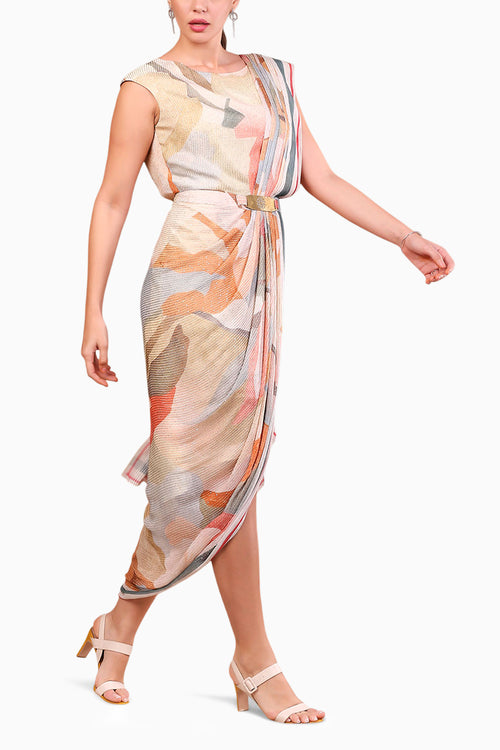 Conversational Printed Sequin Saree Style Drape Dress