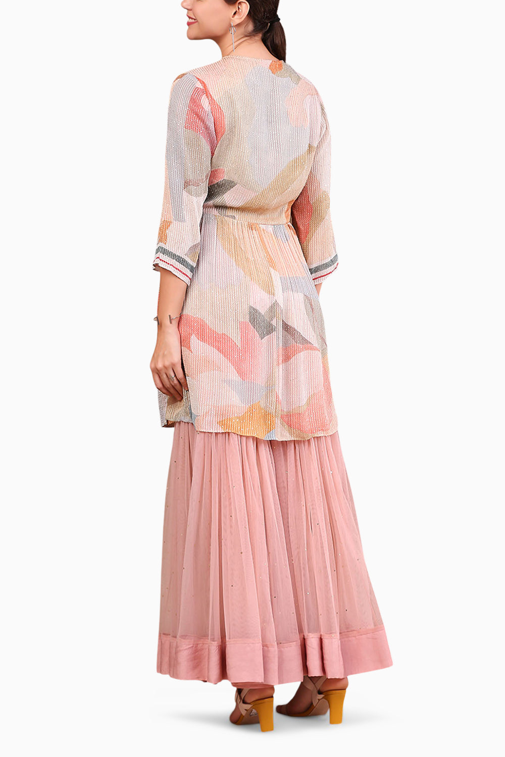 Conversational Printed Sequin Top With Sharara Pants