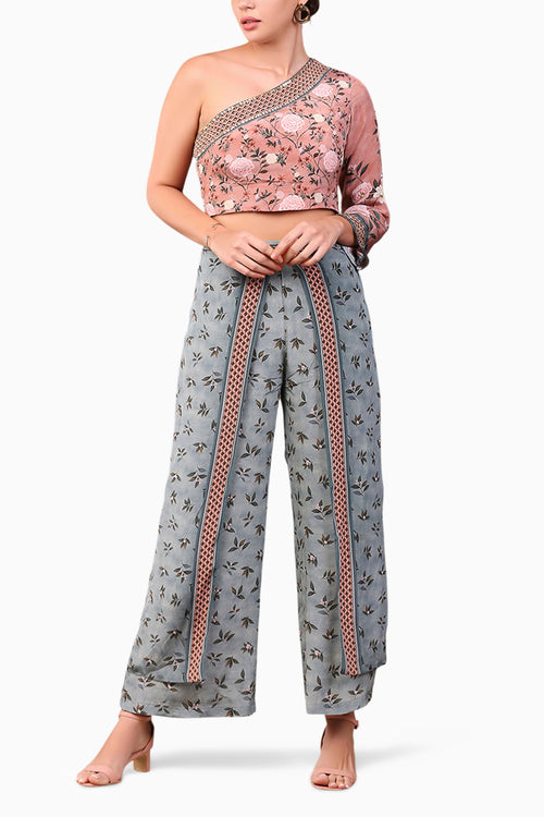 Vintage Trails Printed One Shoulder Embroidered Top With Pant