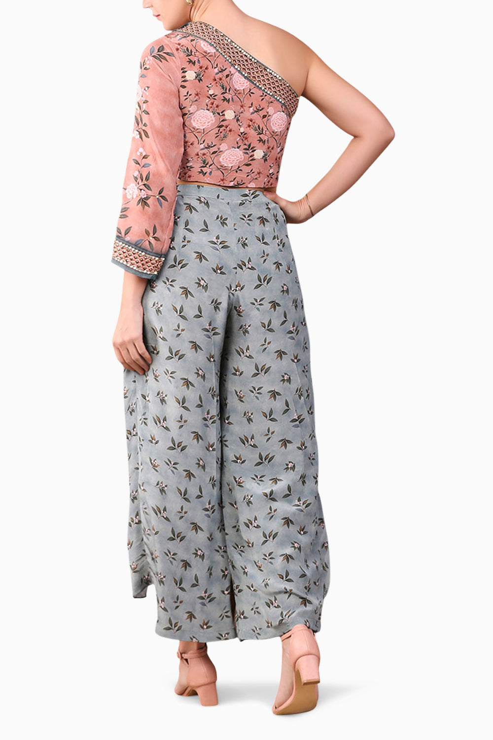 Vintage Trails Printed One Shoulder Embroidered Top With Pant