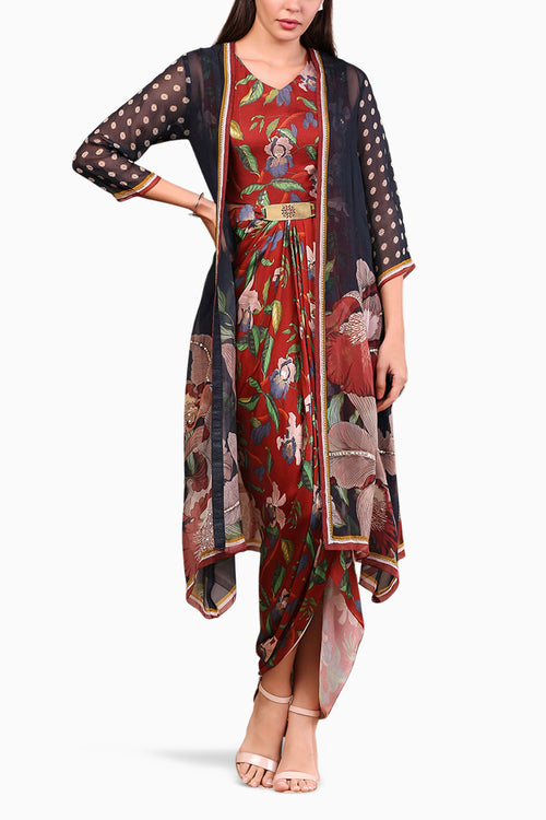 Orchid Bloom Printed Drape Dress With Straight Jacket