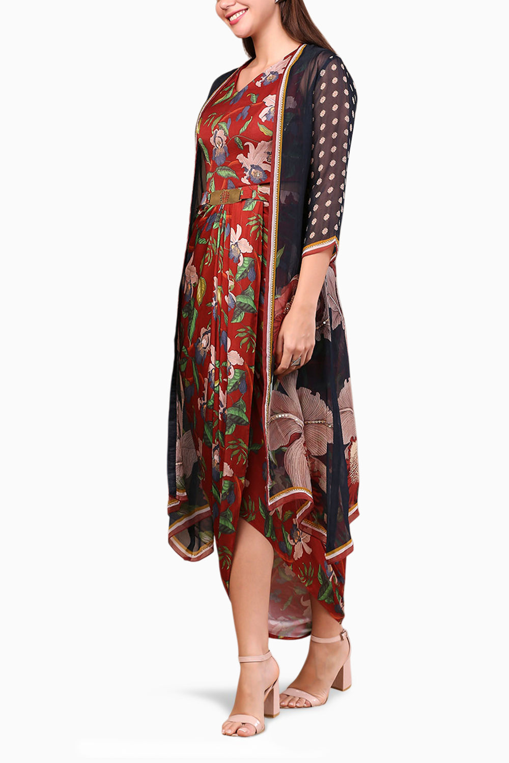 Orchid Bloom Printed Drape Dress With Straight Jacket