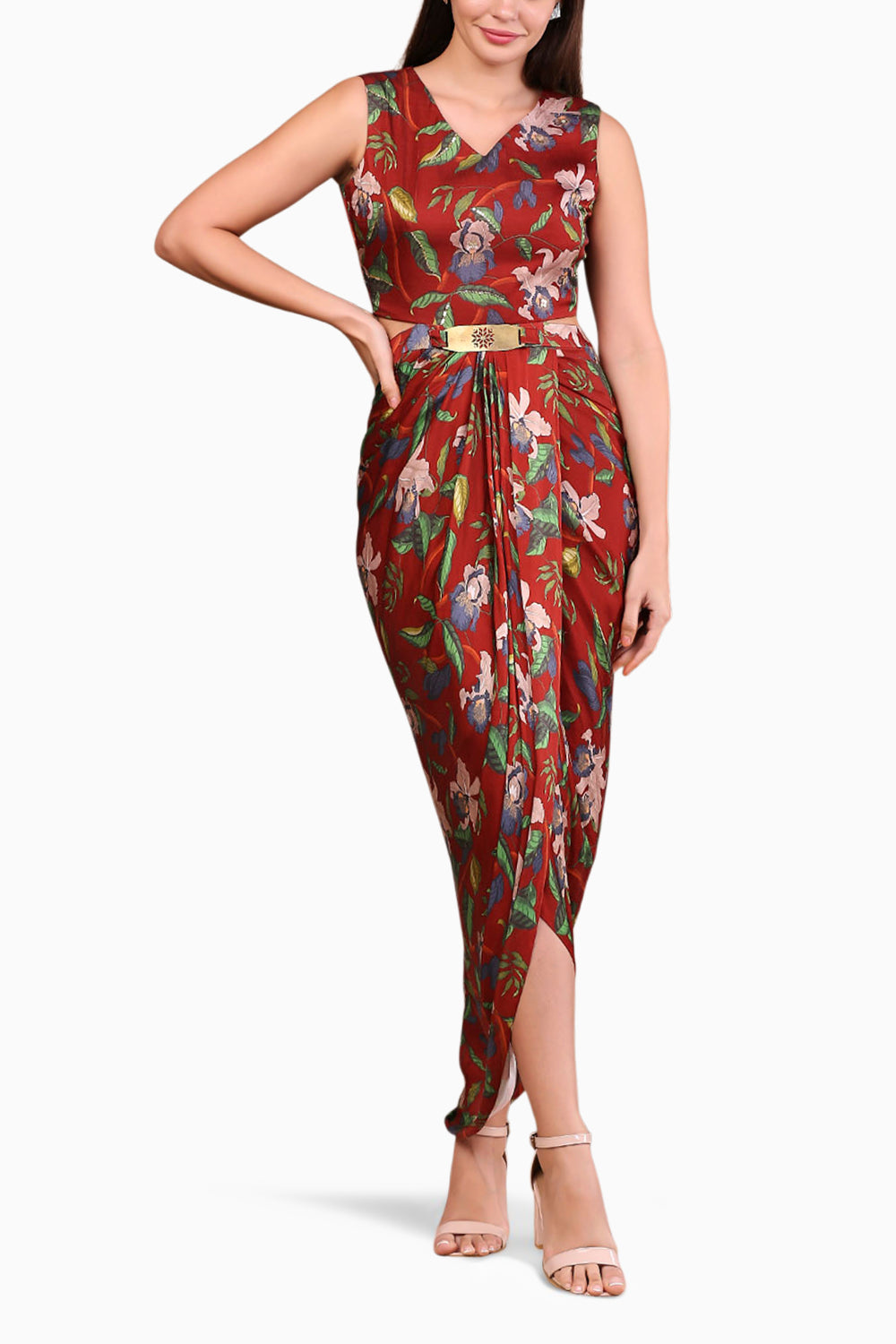 Orchid Bloom Printed Drape Dress With Straight Jacket