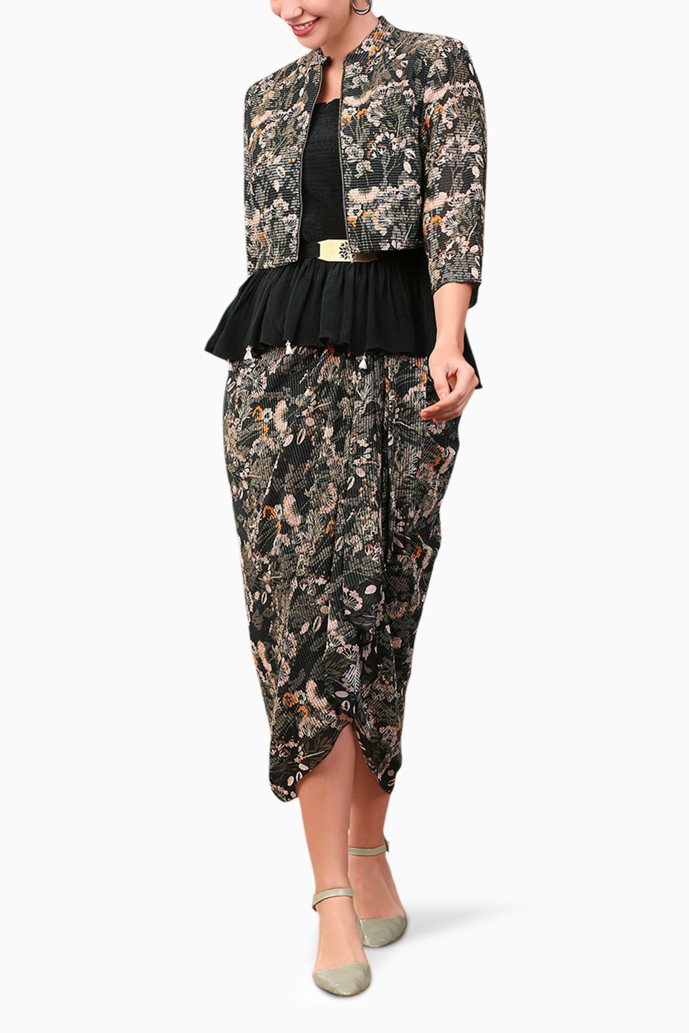 Azalea Printed Drape Skirt Set With Short Jacket