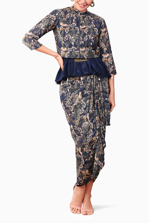 Blue Azalea Printed Drape Skirt Set With Short Jacket