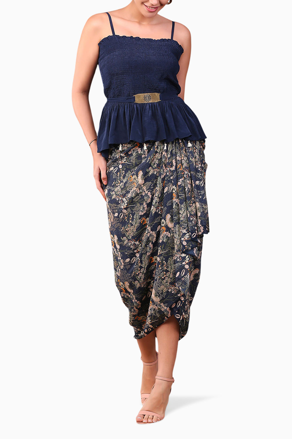 Blue Azalea Printed Drape Skirt Set With Short Jacket