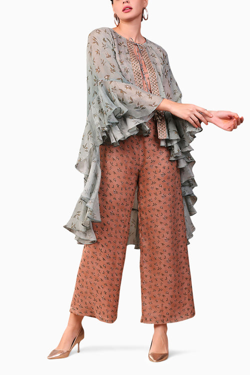 Vintage Trails Printed Jumpsuit With High-Low Cape