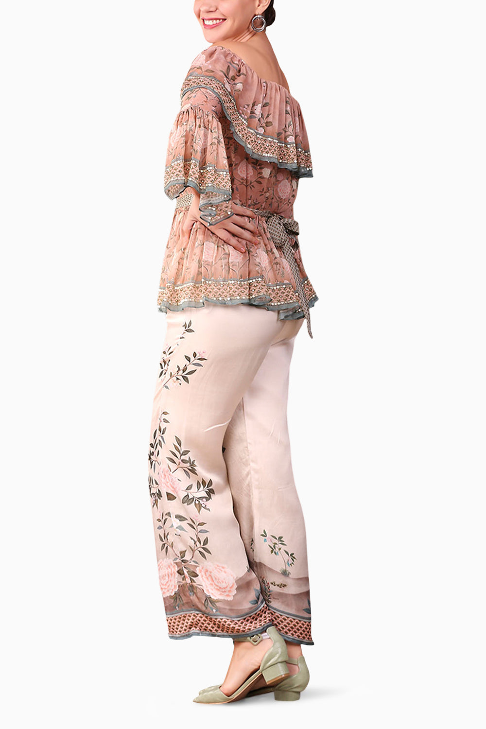 Off-Shoulder Embroidered Top With Flared Pants