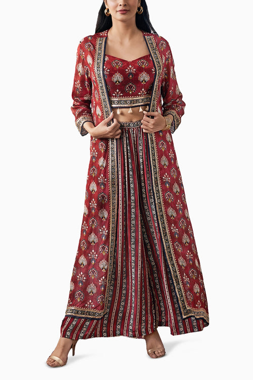 Sarouk Embroidered Red Co-ord Set With Jacket