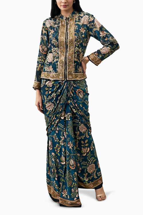 Green Mehr Embroidered Jacket With Drape Skirt