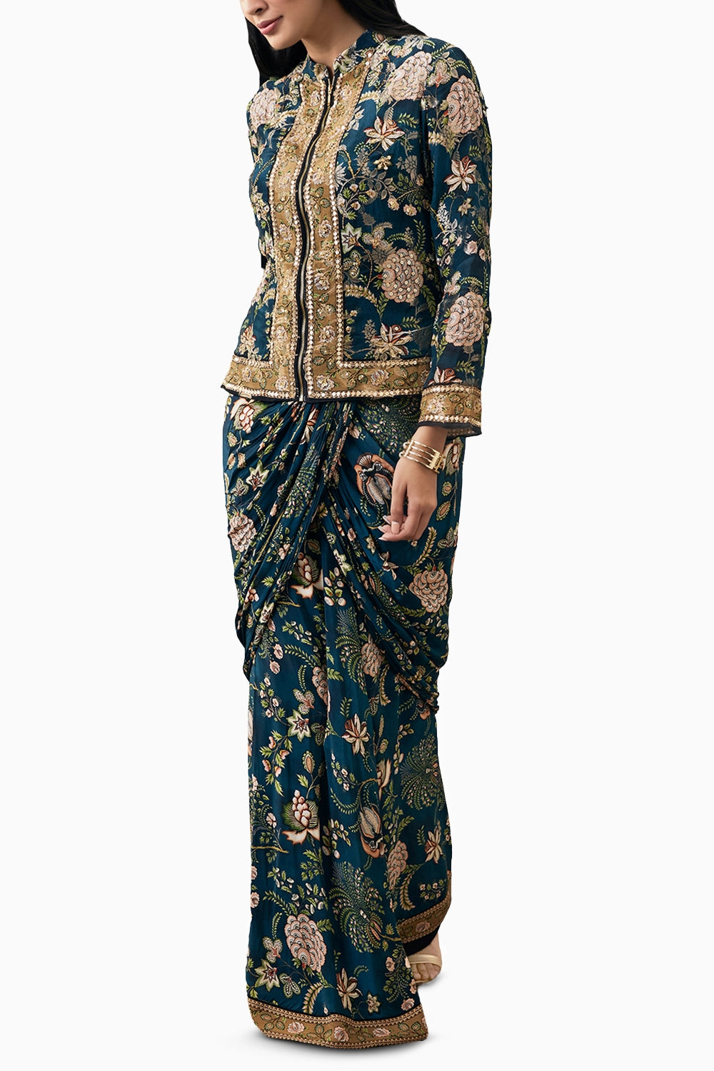 Green Mehr Embroidered Jacket With Drape Skirt