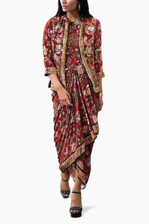Mehr Printed Red Drape Dress With Jacket