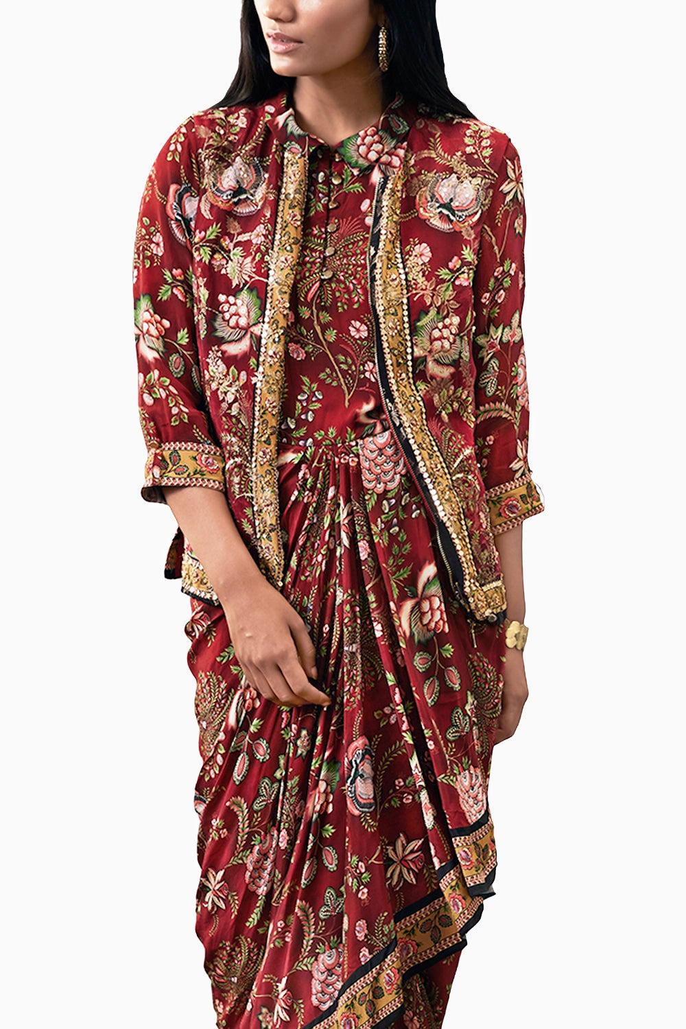 Mehr Printed Red Drape Dress With Jacket