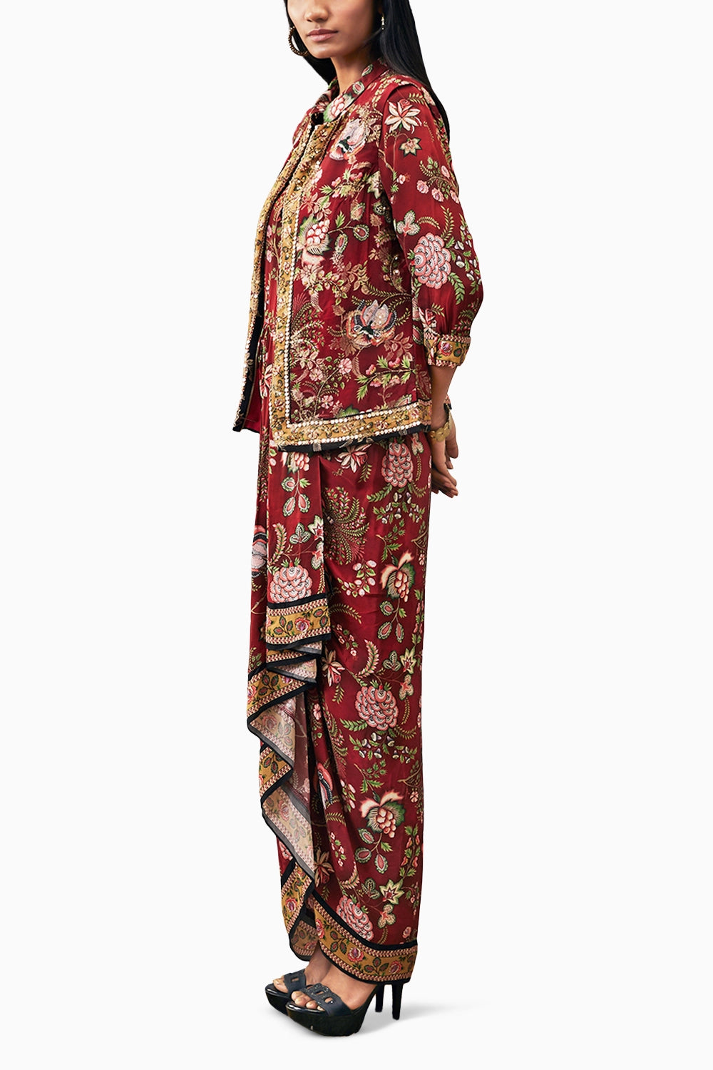 Mehr Printed Red Drape Dress With Jacket