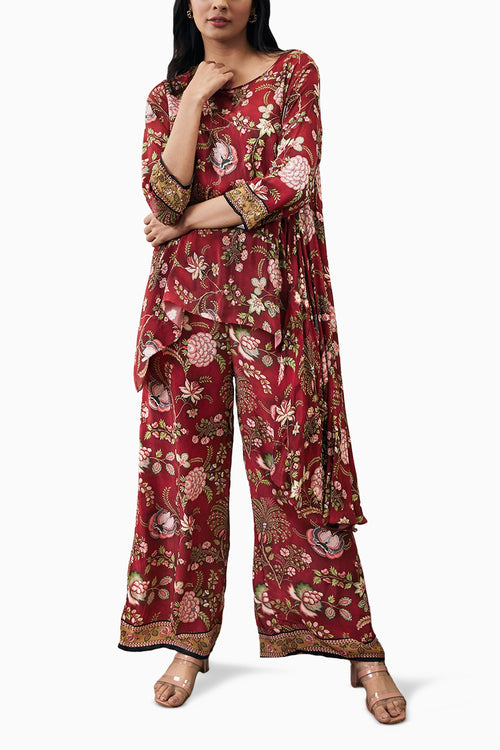 Mehr Embroidered Asymmetric Red Co-ord Set