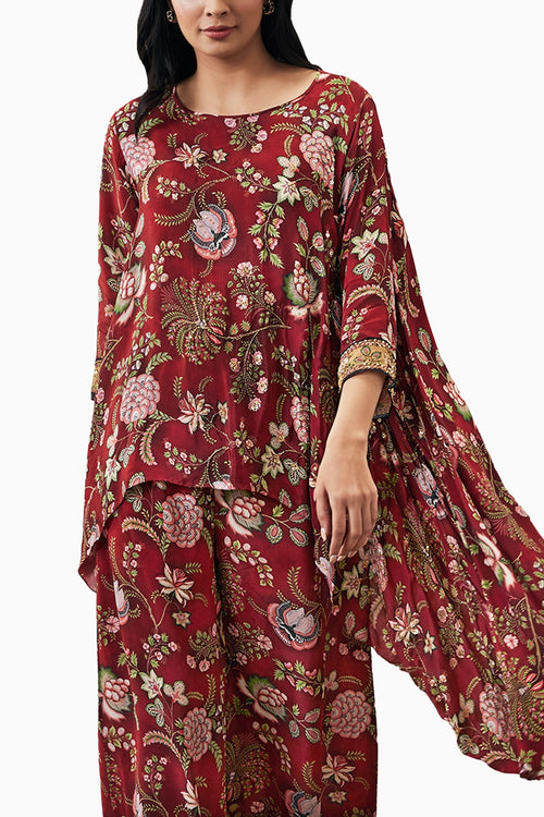 Mehr Embroidered Asymmetric Red Co-ord Set