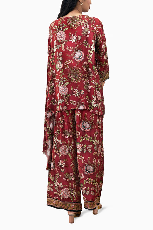 Mehr Embroidered Asymmetric Red Co-ord Set