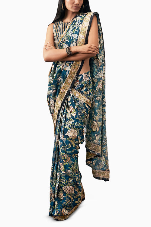 Mehr Green Embroidered Pre-Draped Saree