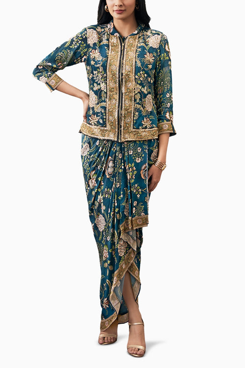 Mehr Printed Green Drape Dress With Jacket