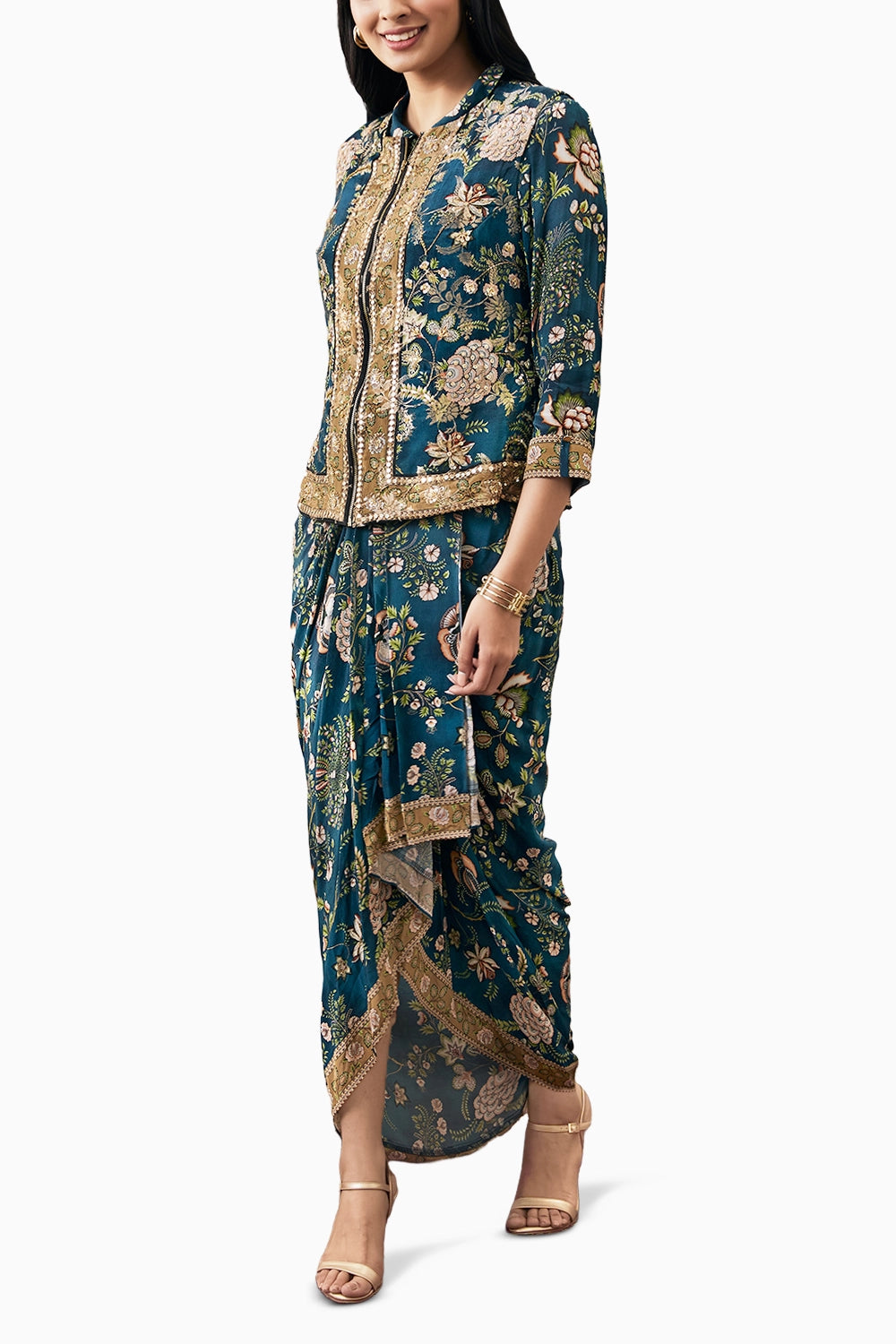 Mehr Printed Green Drape Dress With Jacket