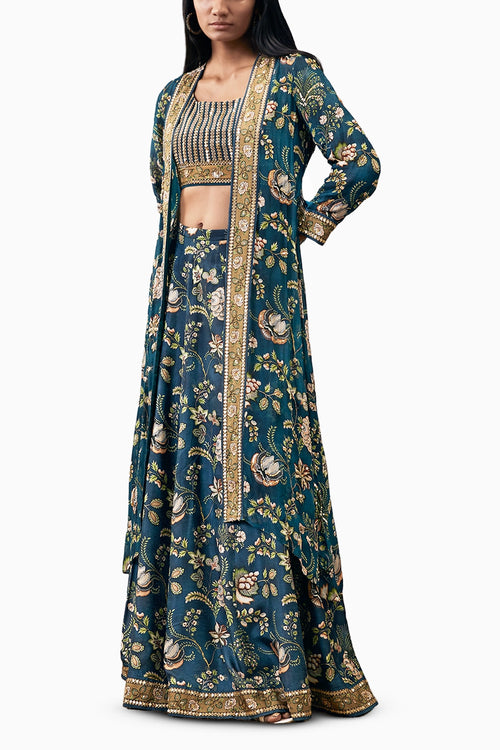 Mehr Embroidered Green Lehenga Set With Jacket