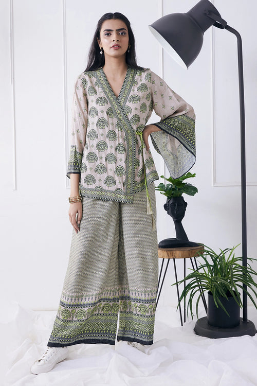 Ela Printed Overlapped Top With Pants