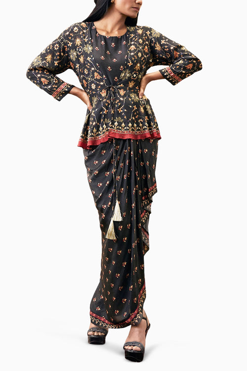Zahra Printed Skirt Set With Peplum Top