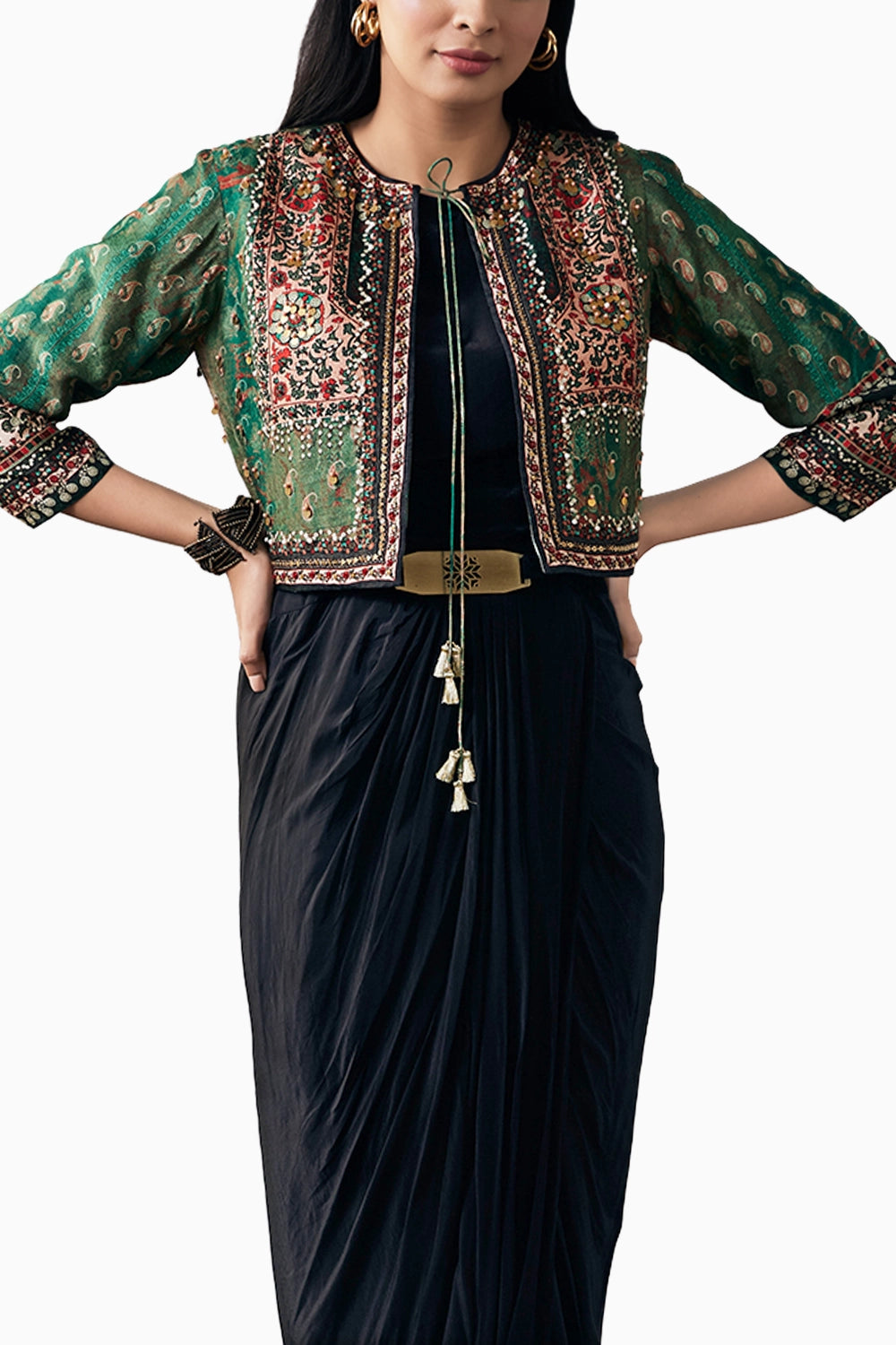 Ikaya Embroidered Drape Dress With Jacket