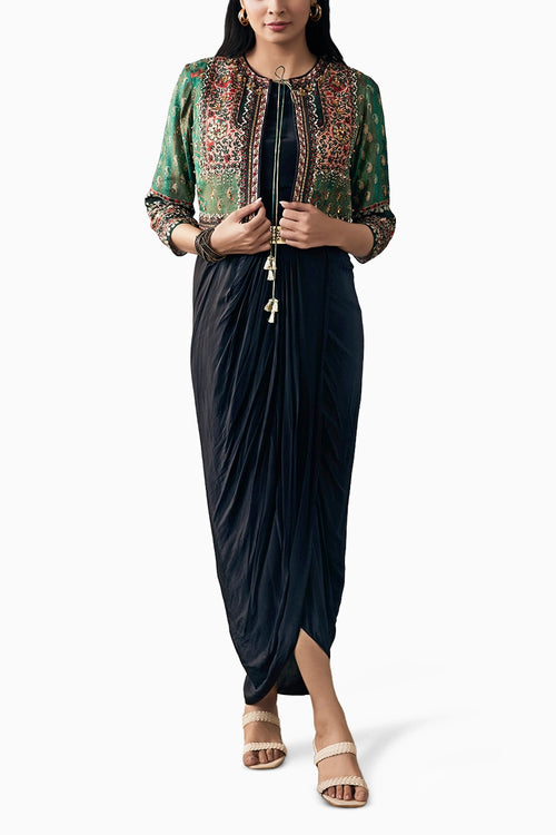 Ikaya Embroidered Drape Dress With Jacket