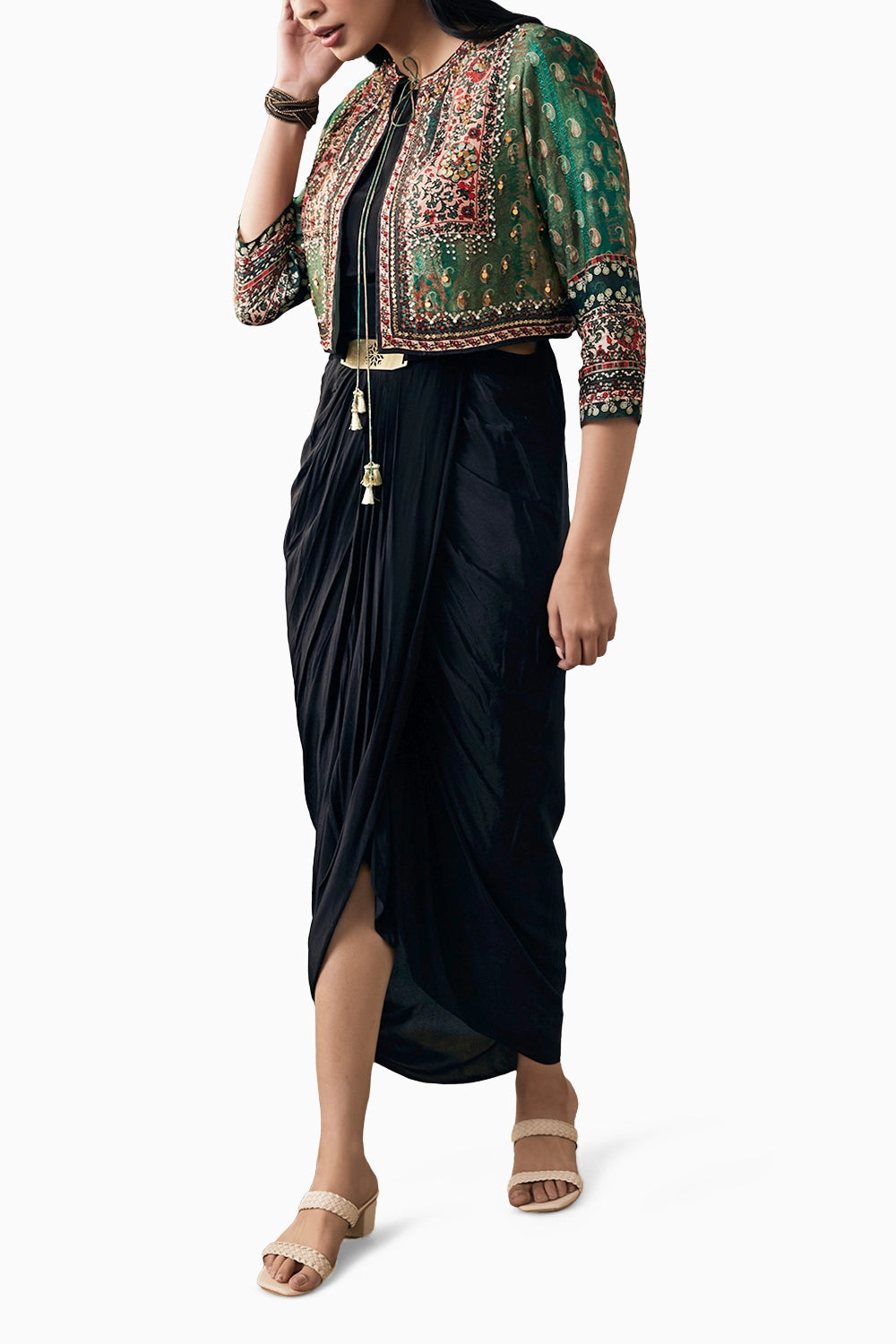 Ikaya Embroidered Drape Dress With Jacket