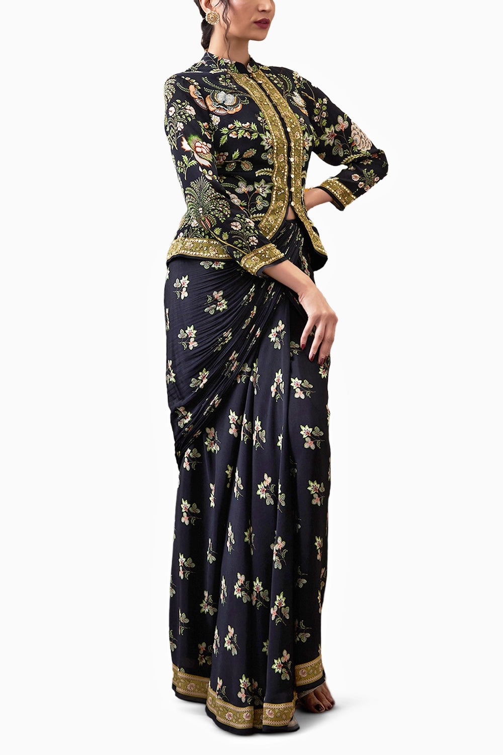 Mehr Embroidered Jacket With Drape Skirt