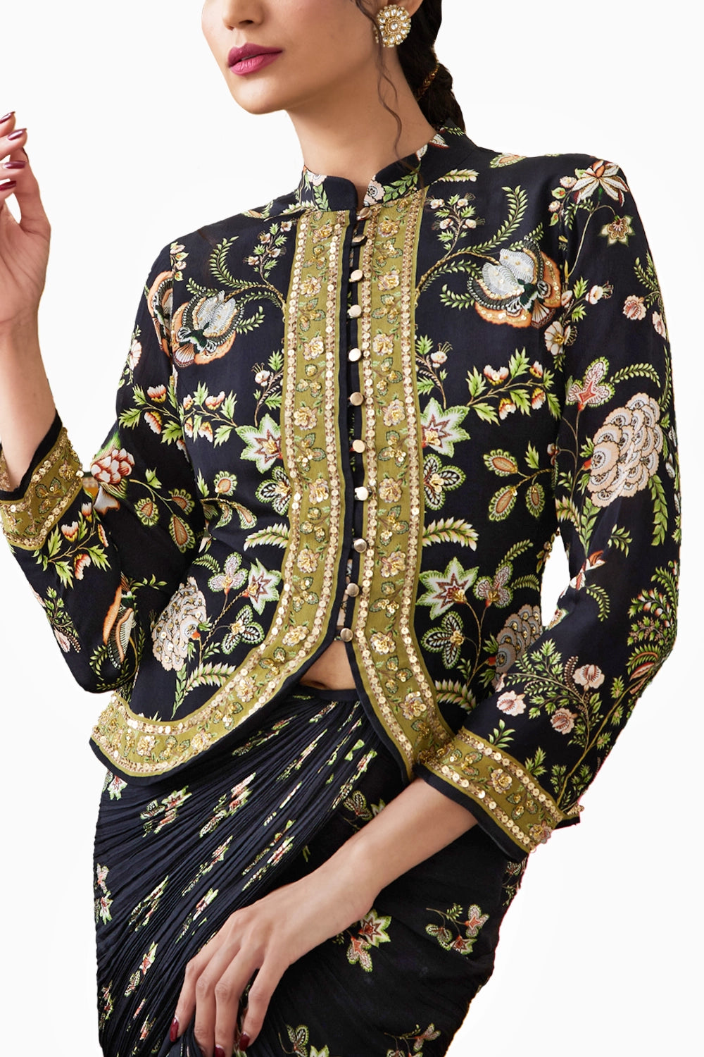 Mehr Embroidered Jacket With Drape Skirt