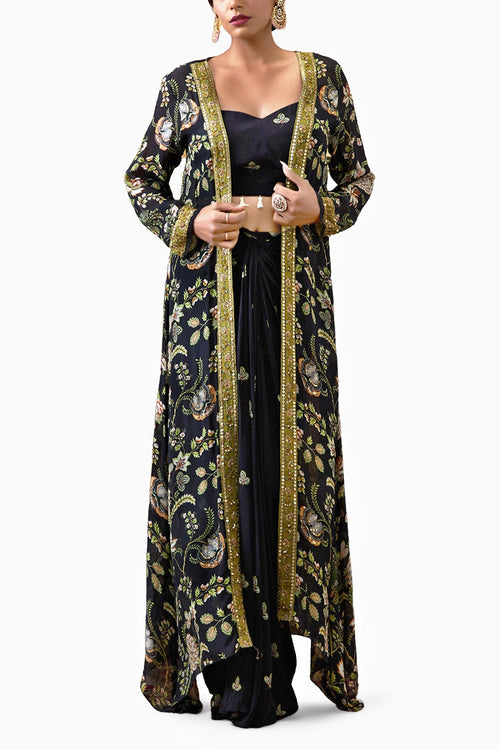 Mehr Printed Black Drape Skirt Set With Jacket