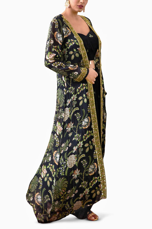 Mehr Printed Black Drape Skirt Set With Jacket