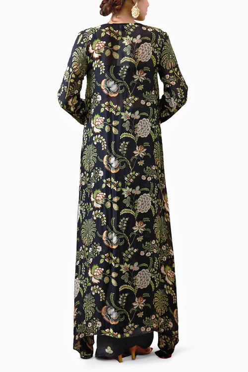 Mehr Printed Black Drape Skirt Set With Jacket
