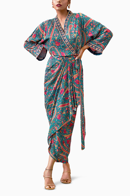 Qala Embroidered Drape Dress With Waist Tie-up