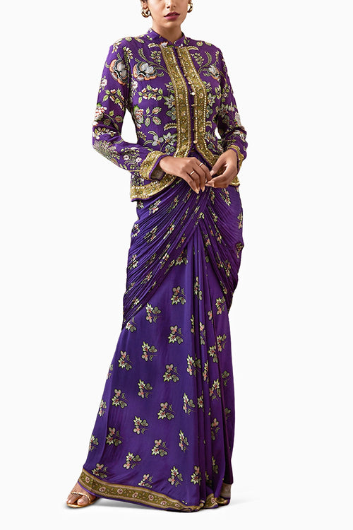 Purple Mehr Embroidered Jacket With Drape Skirt