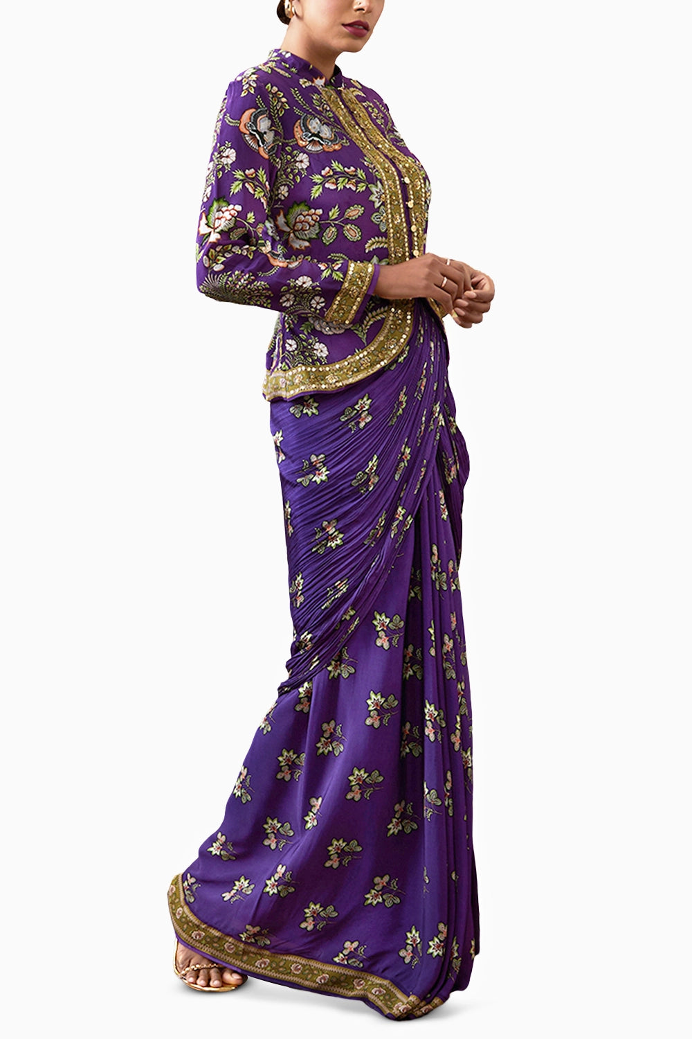 Purple Mehr Embroidered Jacket With Drape Skirt