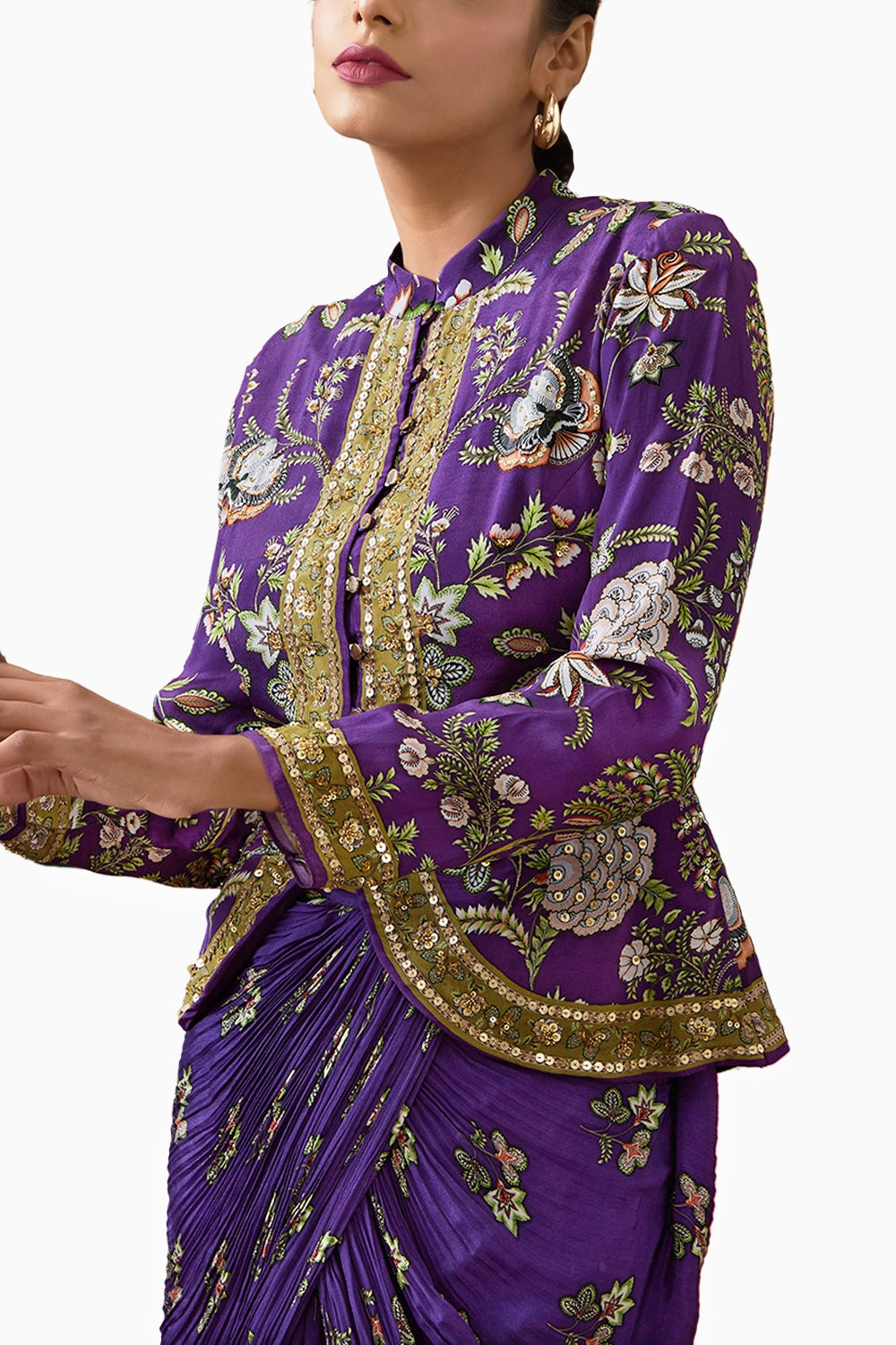 Purple Mehr Embroidered Jacket With Drape Skirt