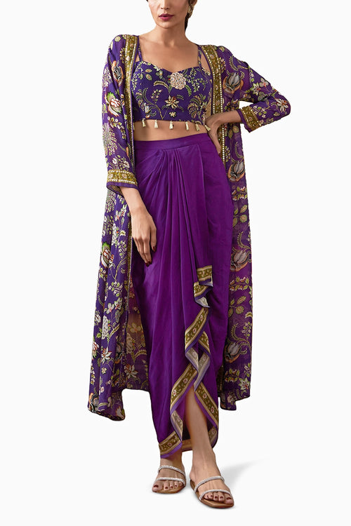 Purple Mehr Printed Drape Skirt Set With Jacket