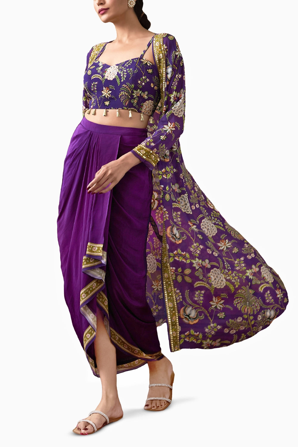 Purple Mehr Printed Drape Skirt Set With Jacket