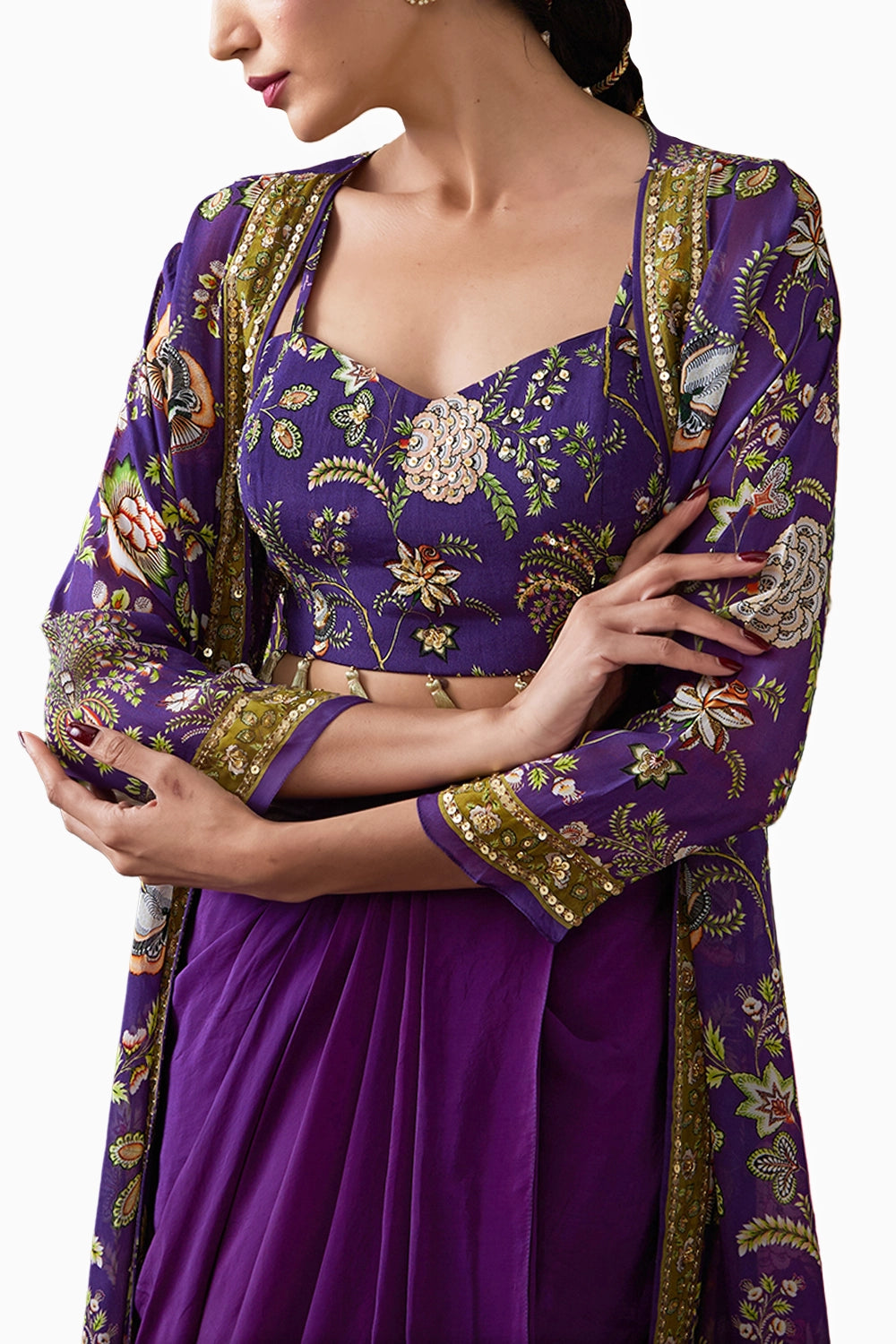 Purple Mehr Printed Drape Skirt Set With Jacket