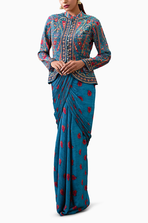 Qala Printed Drape Skirt With Embroidered Top